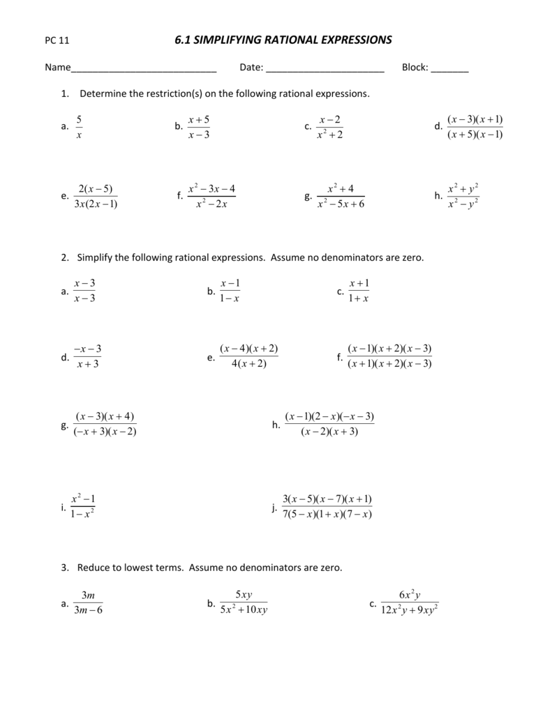 Simplifying Rational Expressions Worksheet