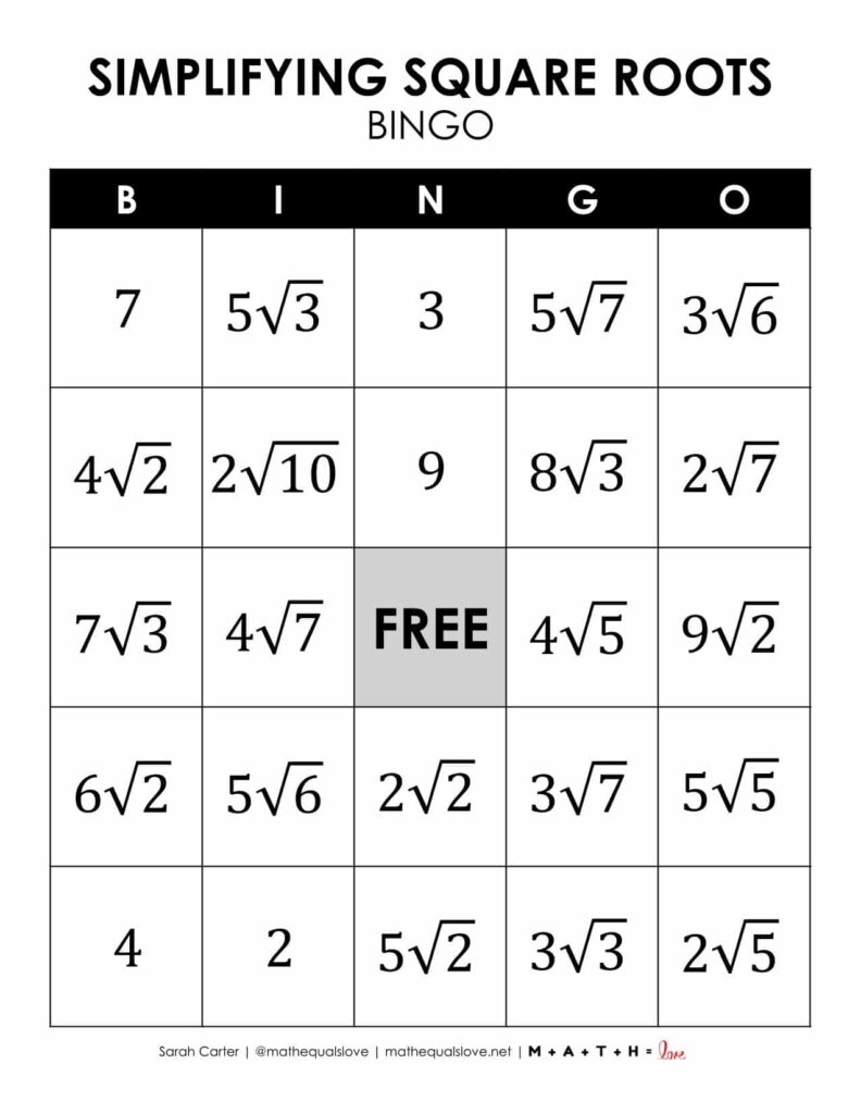 Simplifying Square Roots Bingo Game Free PDF 