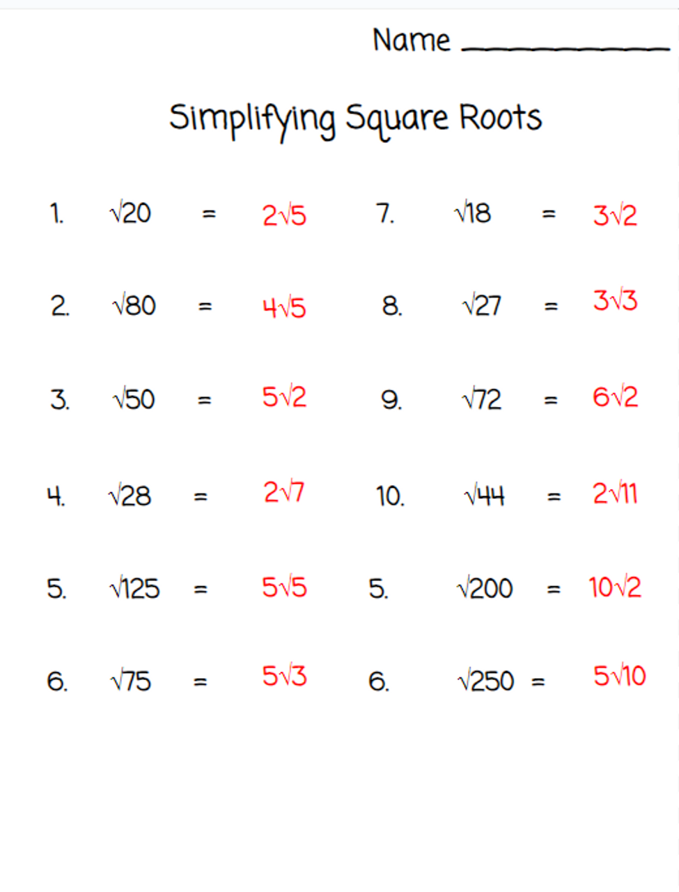 Simplifying Square Roots Worksheets Library