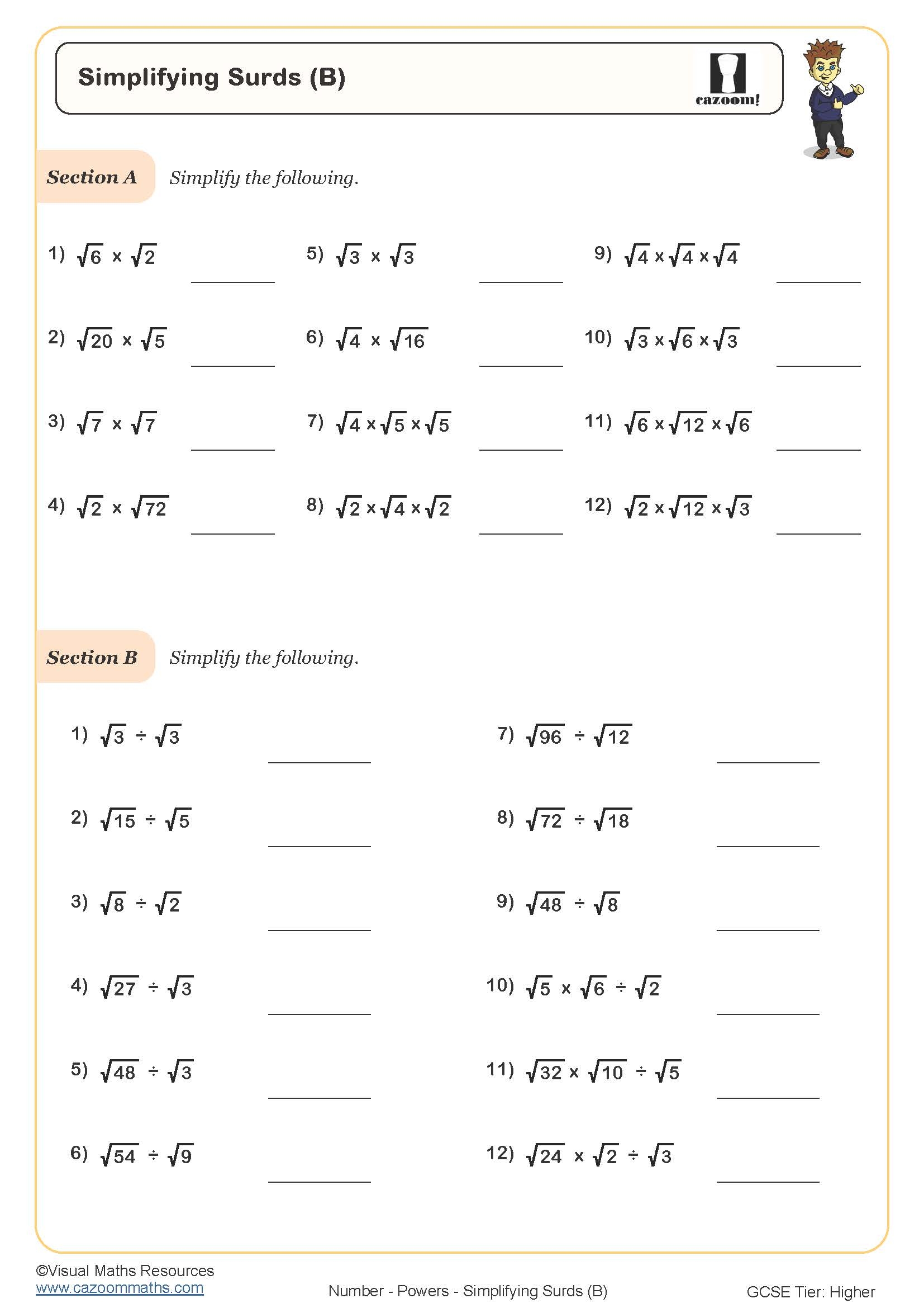 Simplifying Surds B Worksheet Printable PDF Worksheets