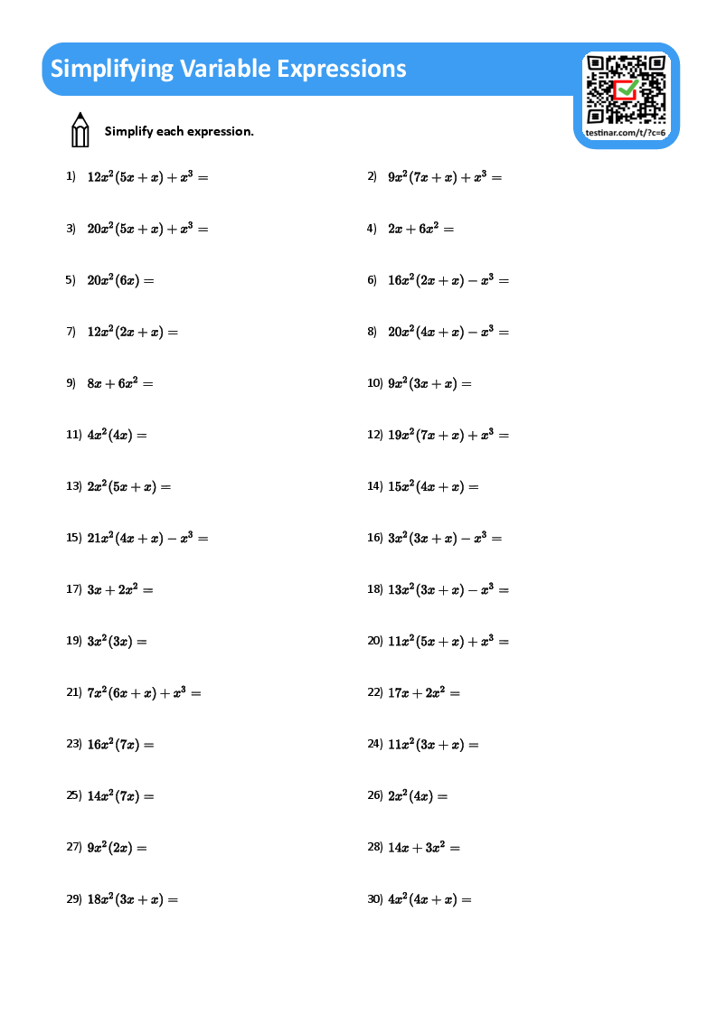 Simplifying Variable Expressions Worksheets Simplifying Variable Expressions Worksheets