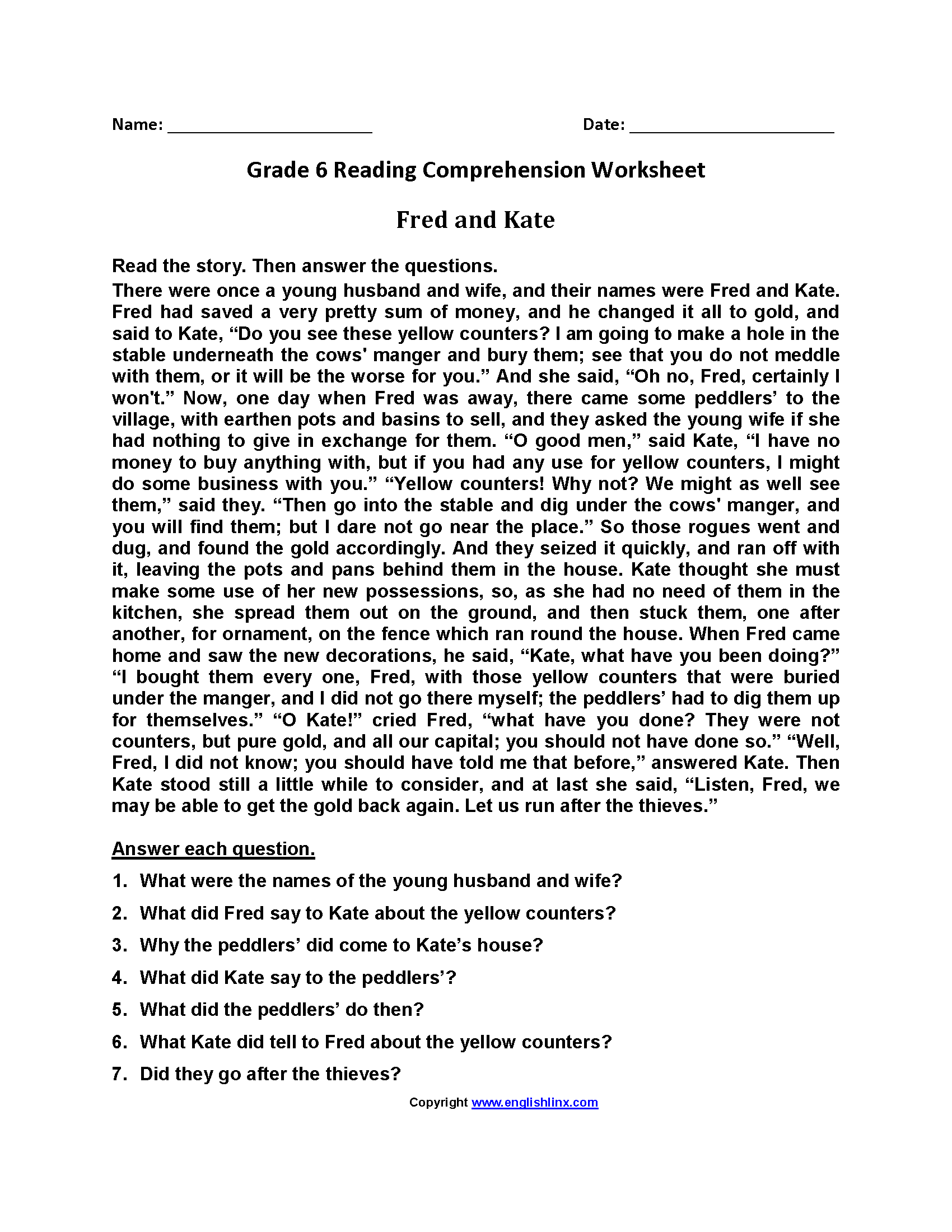 Sixth Grade Reading Worksheets Vocabulary Fluency Practice PDF 