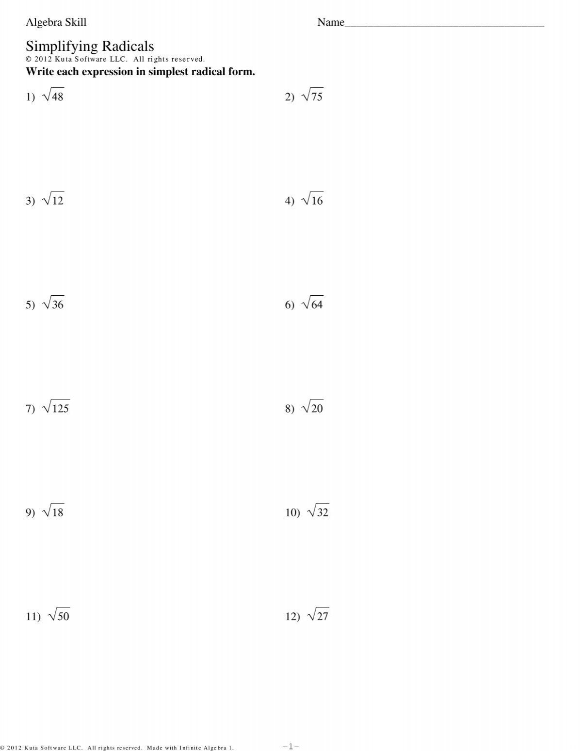 Skill Simplifying Radicals pdf
