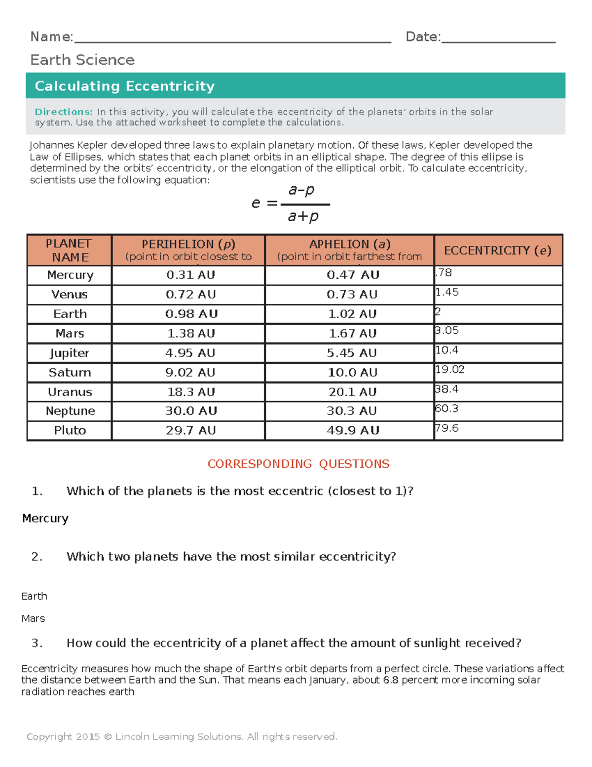 Solar System Eccentricity Calculations Worksheet Earth Science LO5 Studocu