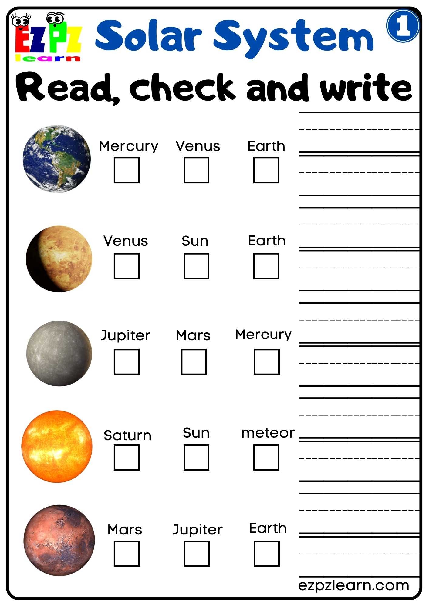 Solar System Read Check And Write Worksheet 1 For Kids Ezpzlearn Solar System Read Check And Write Worksheet 1 For Kids Ezpzlearn