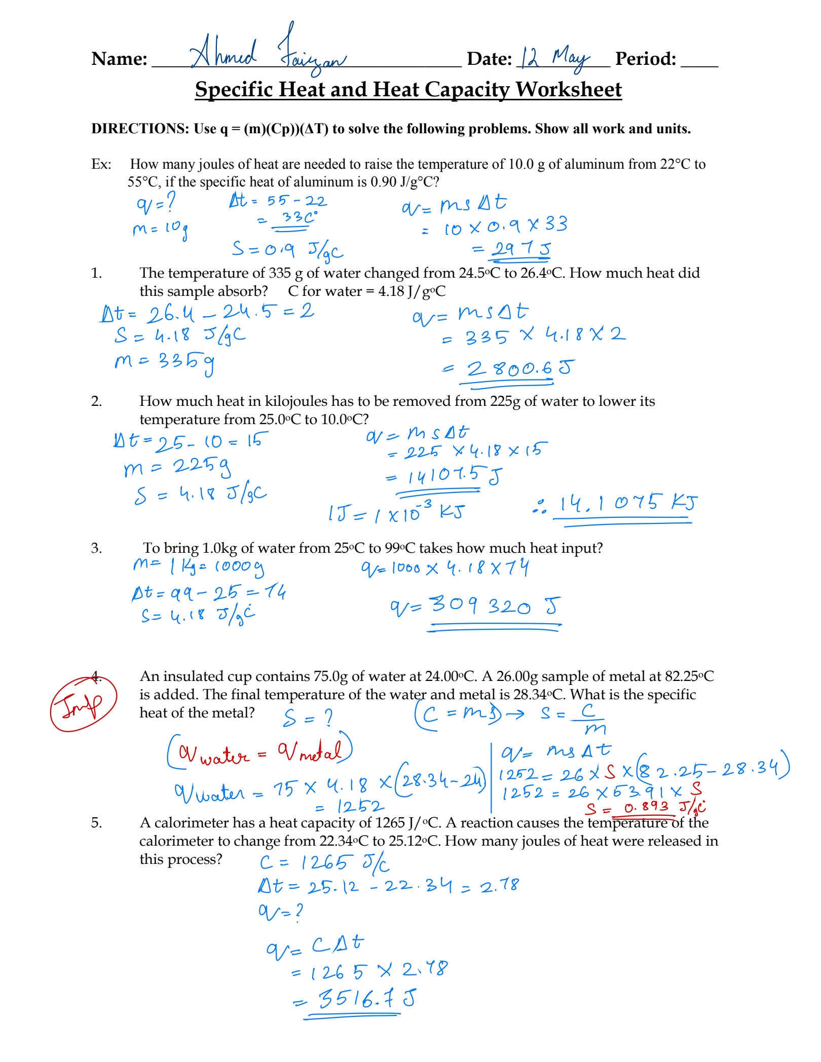 SOLUTION 6chap Heat Capacity Specific Heat Worksheet Studypool Worksheets Library