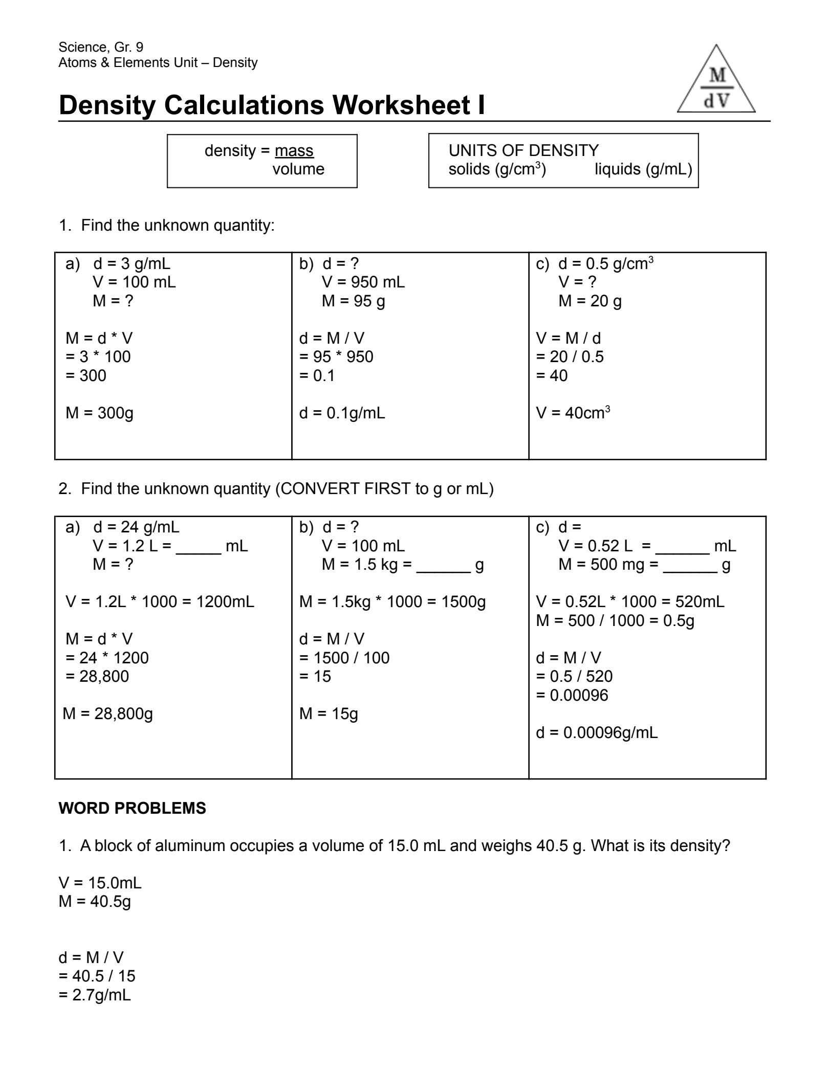 SOLUTION Density Calculations Worksheet 1 Studypool Worksheets Library SOLUTION Density Calculations Worksheet 1 Studypool Worksheets Library