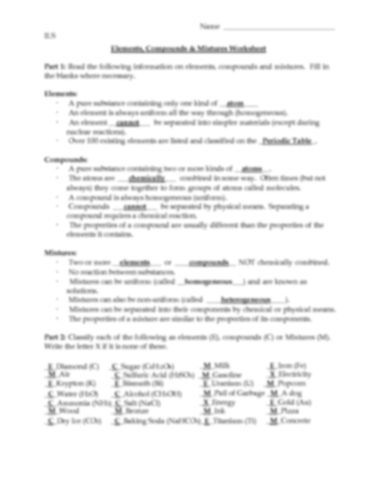 SOLUTION Elements Compounds And Mixtures Answers Studypool Worksheets Library