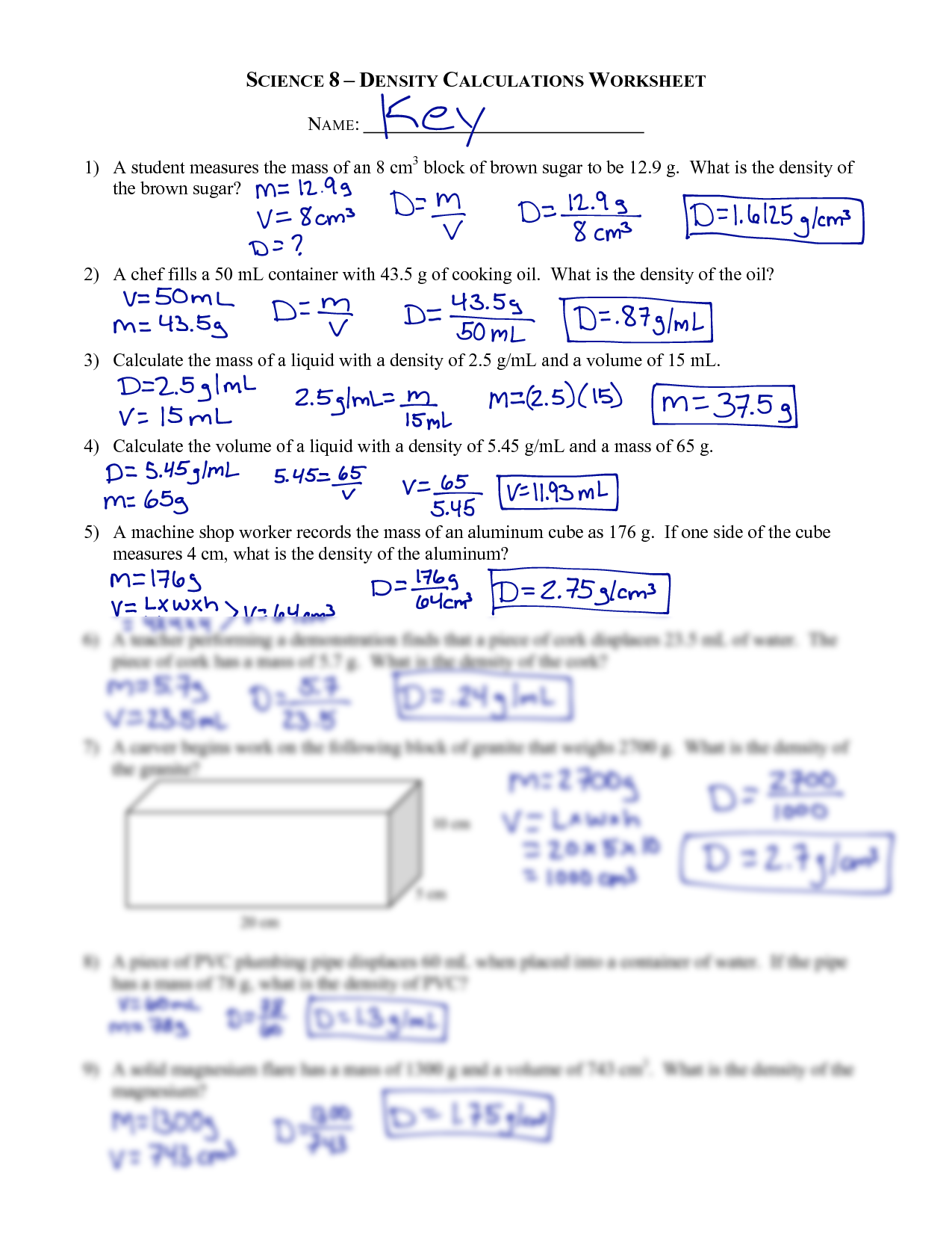 worksheet density answer key