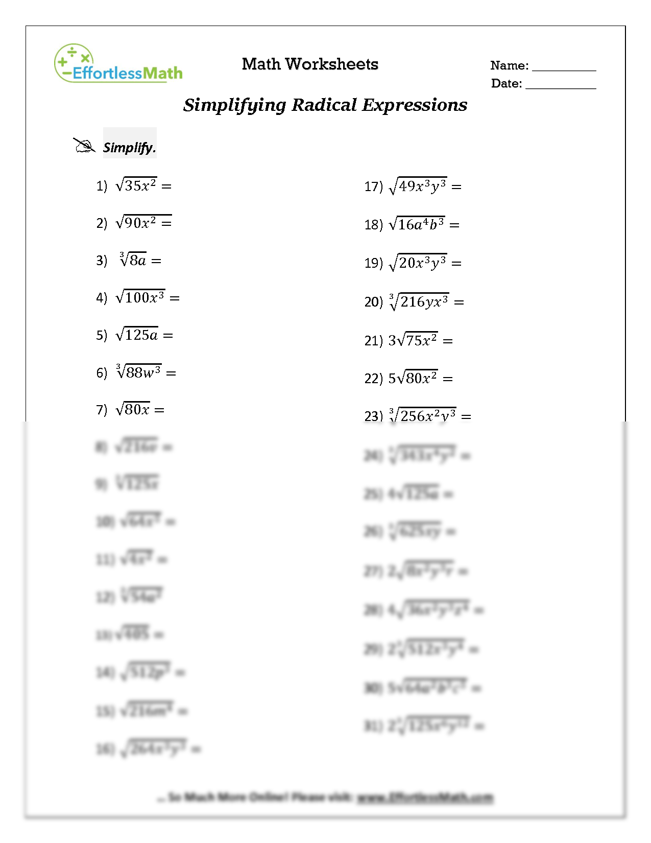 SOLUTION Simplifying Radical Expressions Worksheet Studypool Worksheets Library