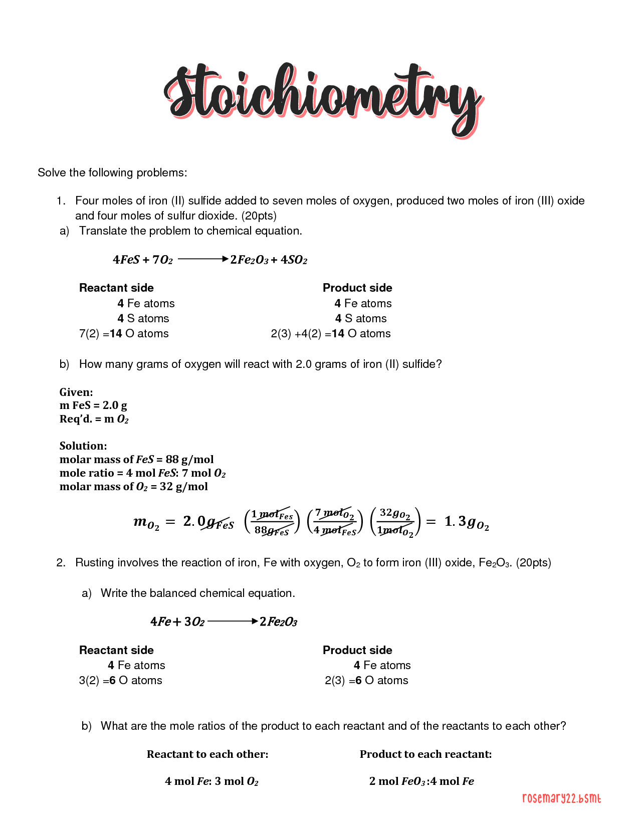 stoichiometry worksheet with answers pdf