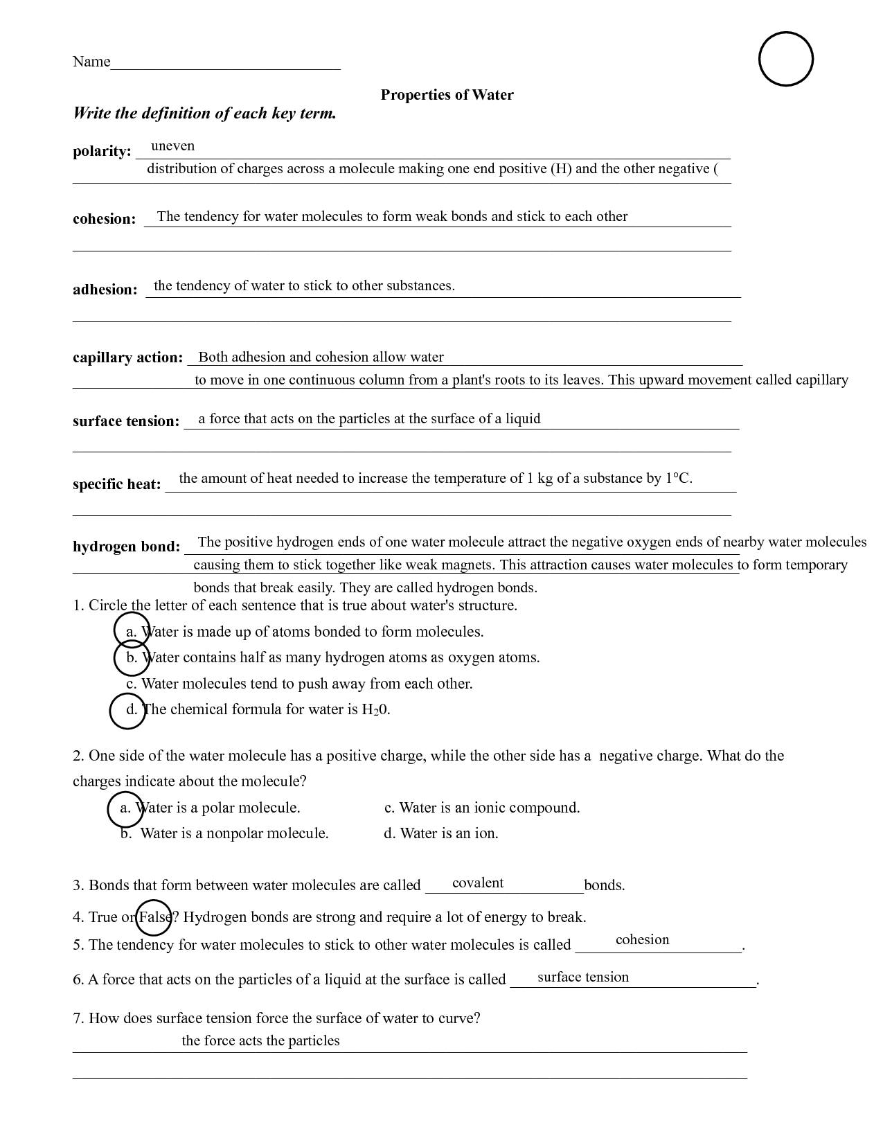 SOLUTION The Properties Of Water Based Discussion Studypool Worksheets Library