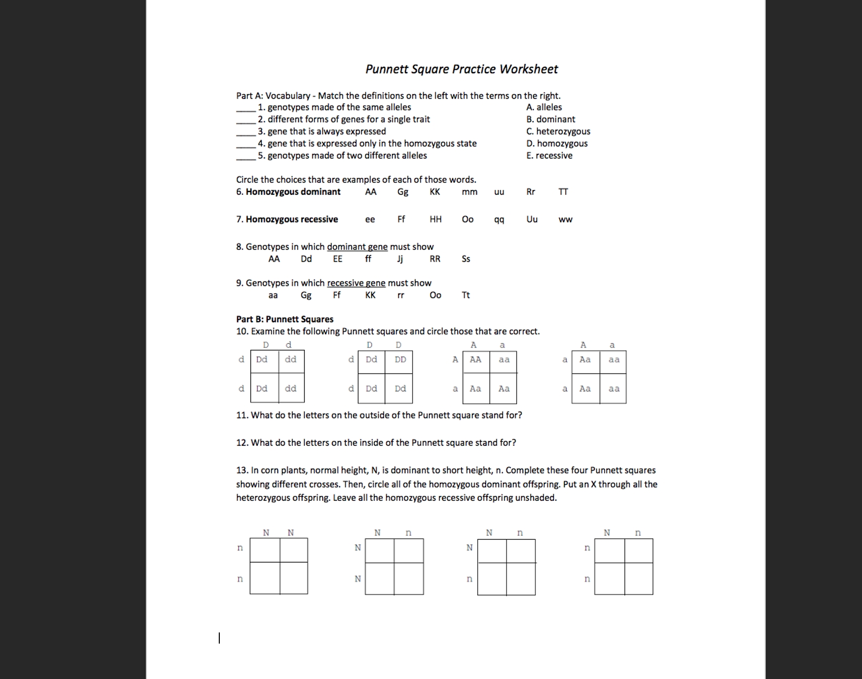 Solved Punnett Square Practice Worksheet Part A Vocabulary Worksheets Library