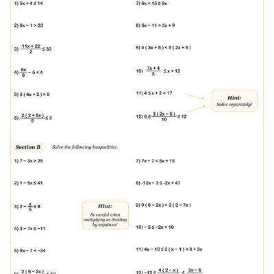 Solving Inequalities B Worksheet PDF Printable Algebra Worksheet Cazoom Math