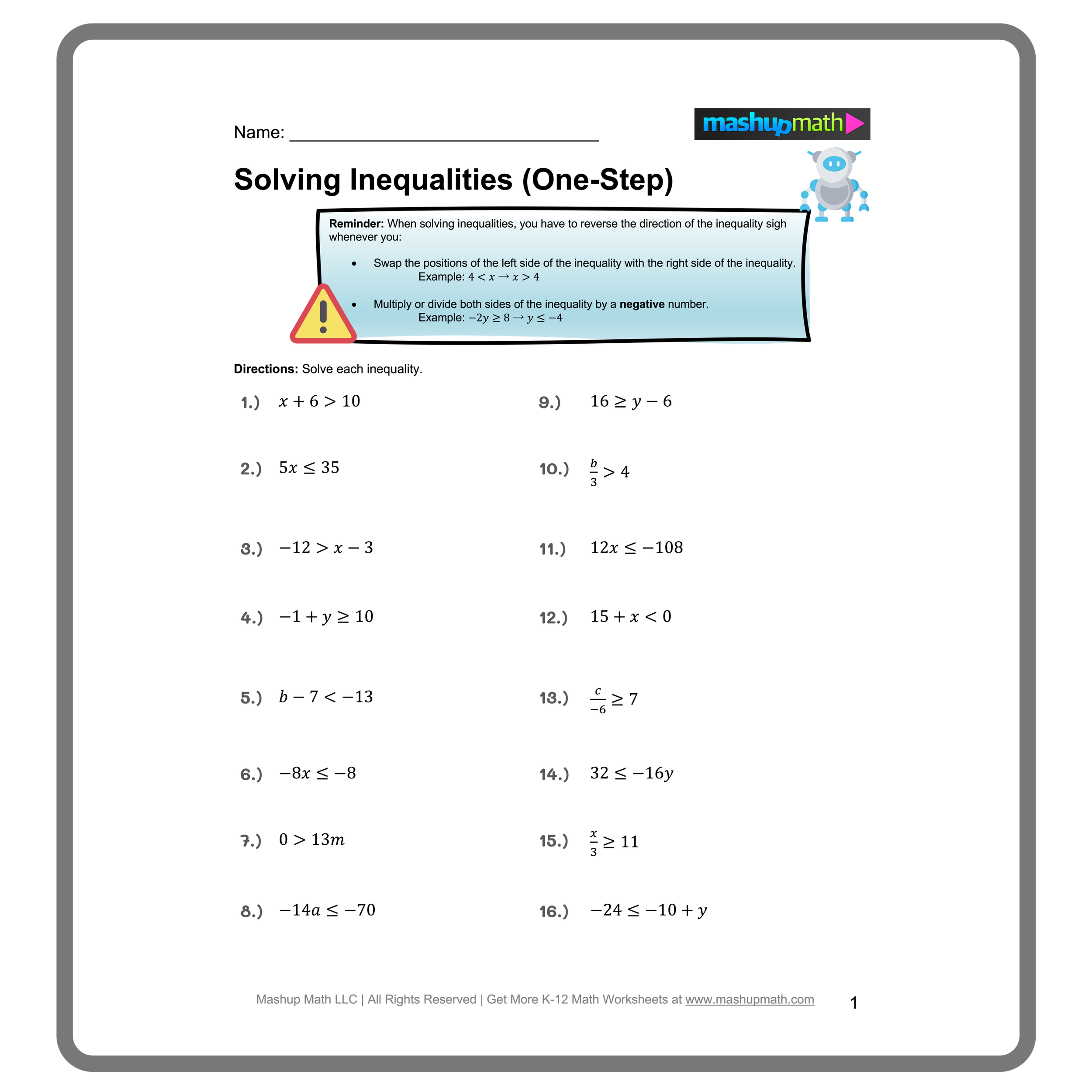 inequality worksheet pdf