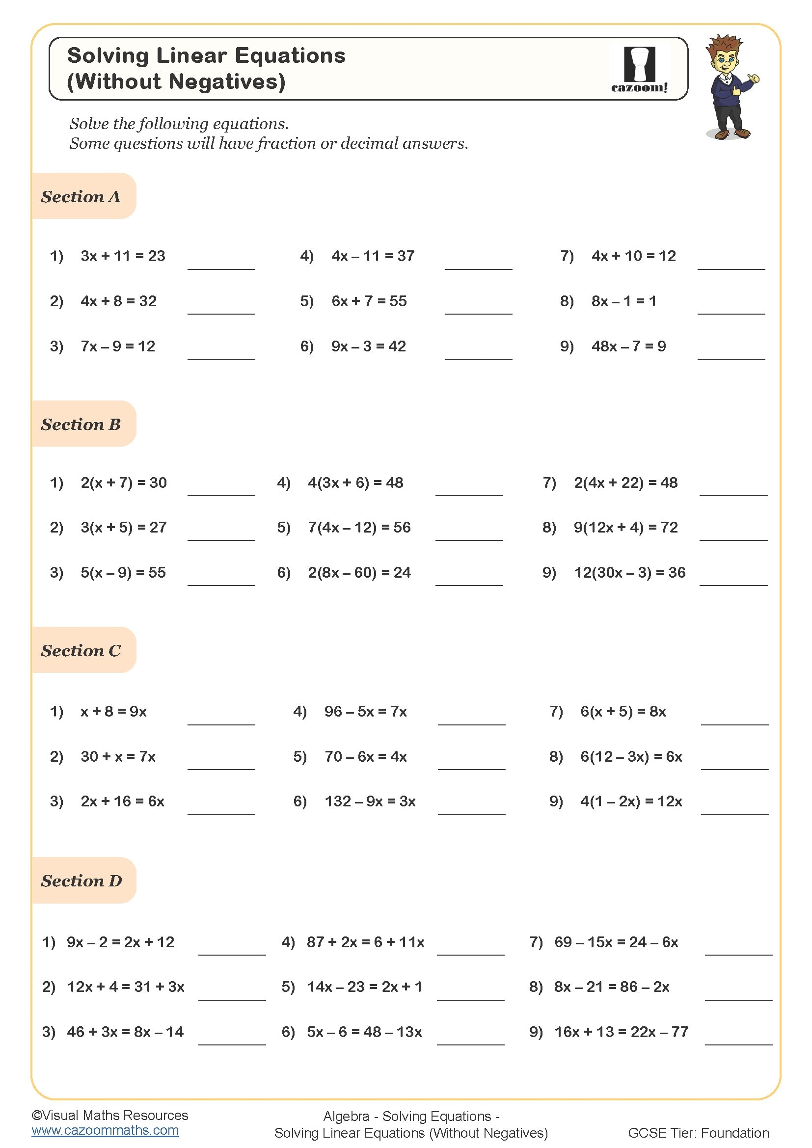 Solving Linear Equations B Worksheet Printable PDF Worksheets