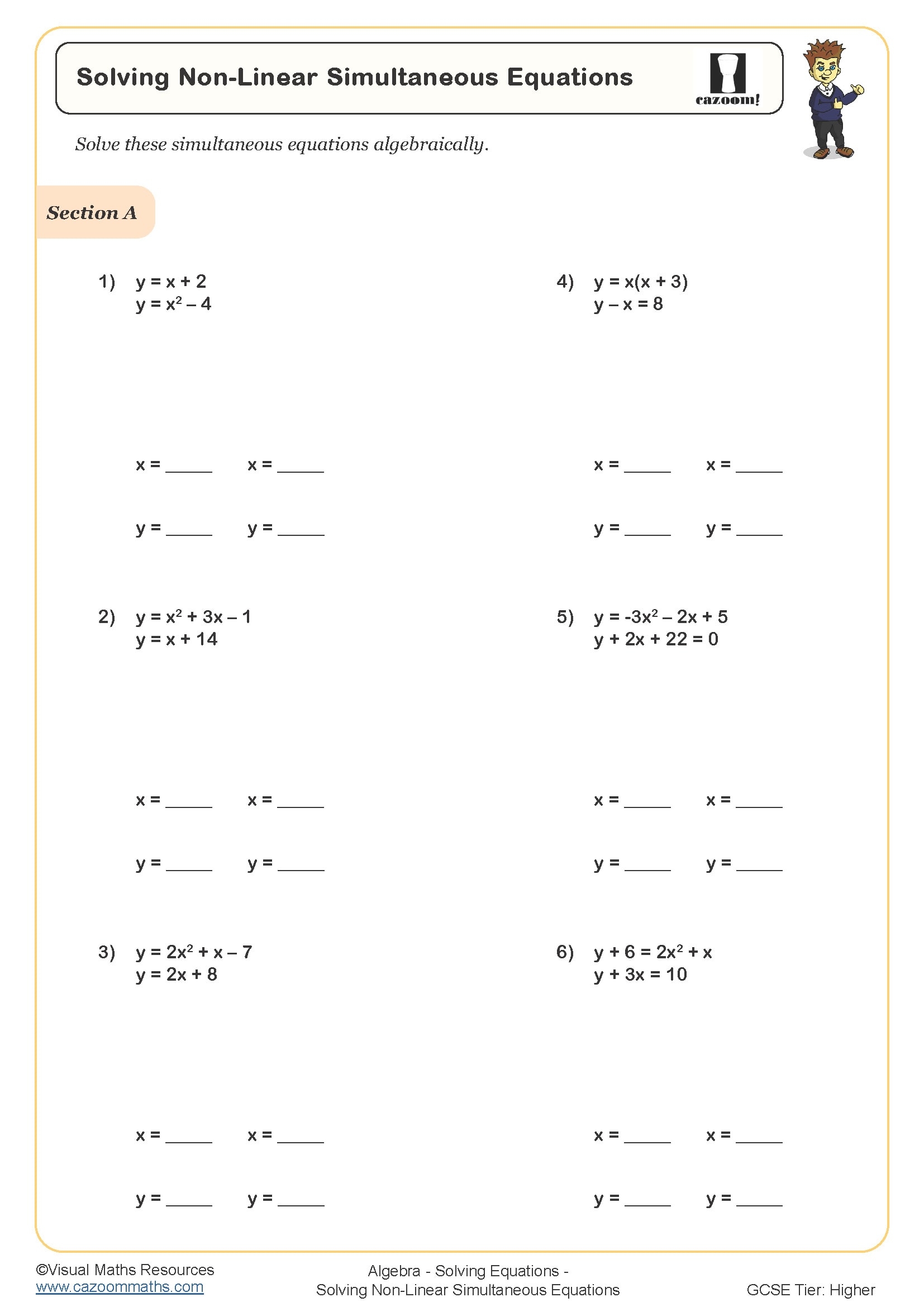 Solving Linear Simultaneous Equations Worksheet Cazoom Maths Worksheets