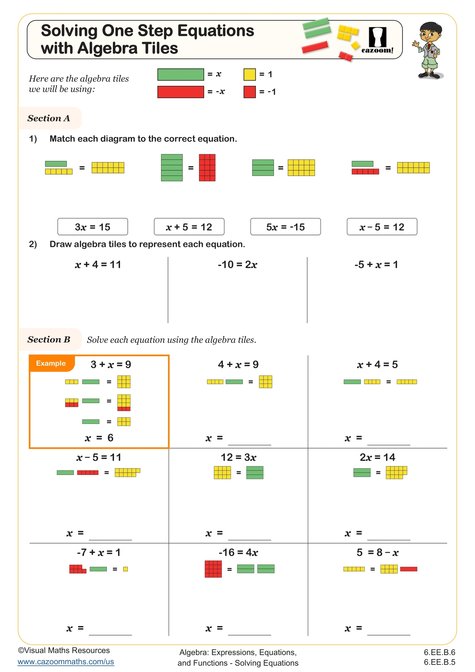 Solving One Step Equations With Algebra Tiles Worksheet Fun And Engaging 6th Grade Number Operations Worksheet Cazoom Math