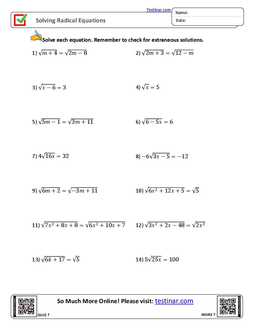 solving radical equations worksheet with answers