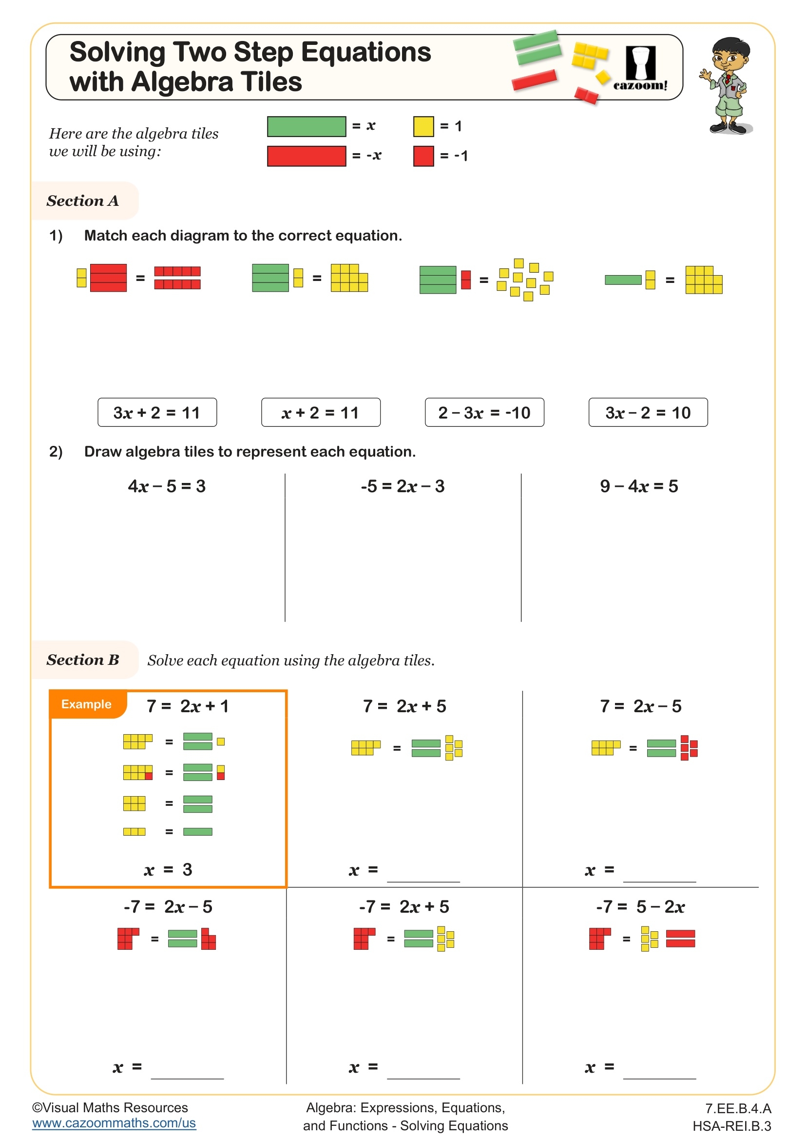 Solving Two Step Equations With Algebra Tiles Worksheet Fun And Engaging 7th Grade Algebra Worksheet Cazoom Math Solving Two Step Equations With Algebra Tiles Worksheet Fun And Engaging 7th Grade Algebra Worksheet Cazoom Math