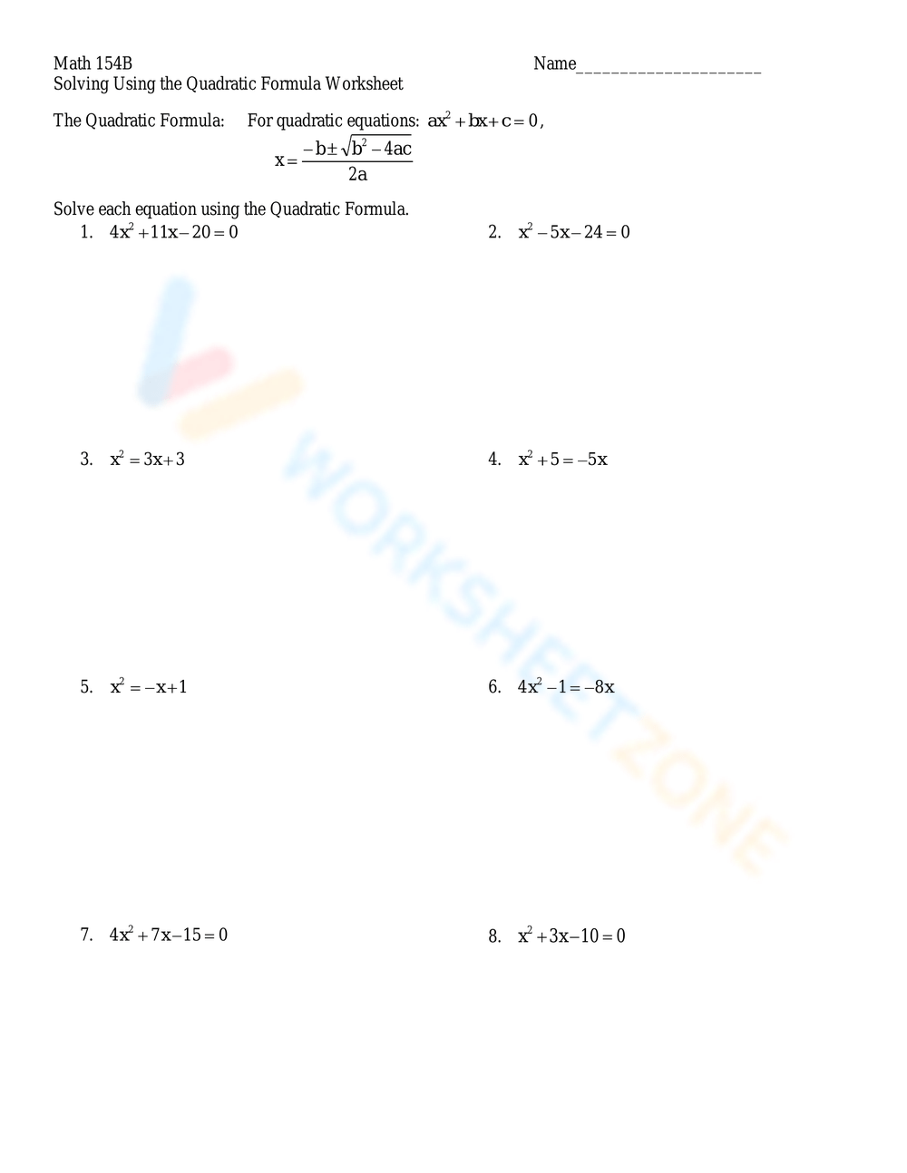 Solving With The Quadratic Formula Worksheet Solving With The Quadratic Formula Worksheet
