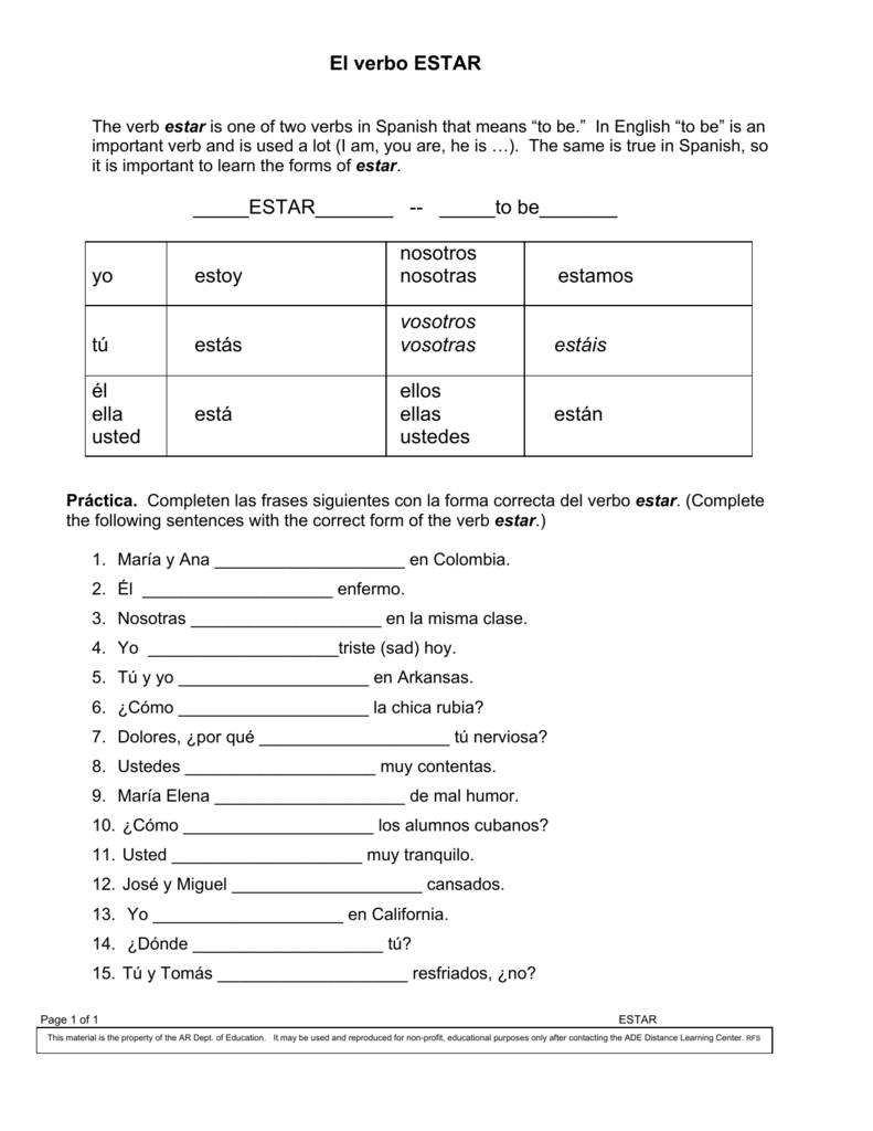 Spanish Verb Estar Worksheet Conjugation Practice Spanish Verb Estar Worksheet Conjugation Practice