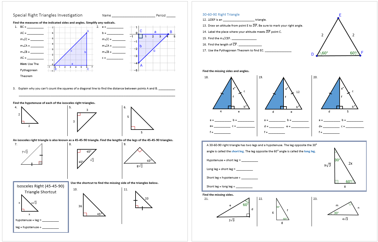 Special Right Triangles Investigation Systry Special Right Triangles Investigation Systry
