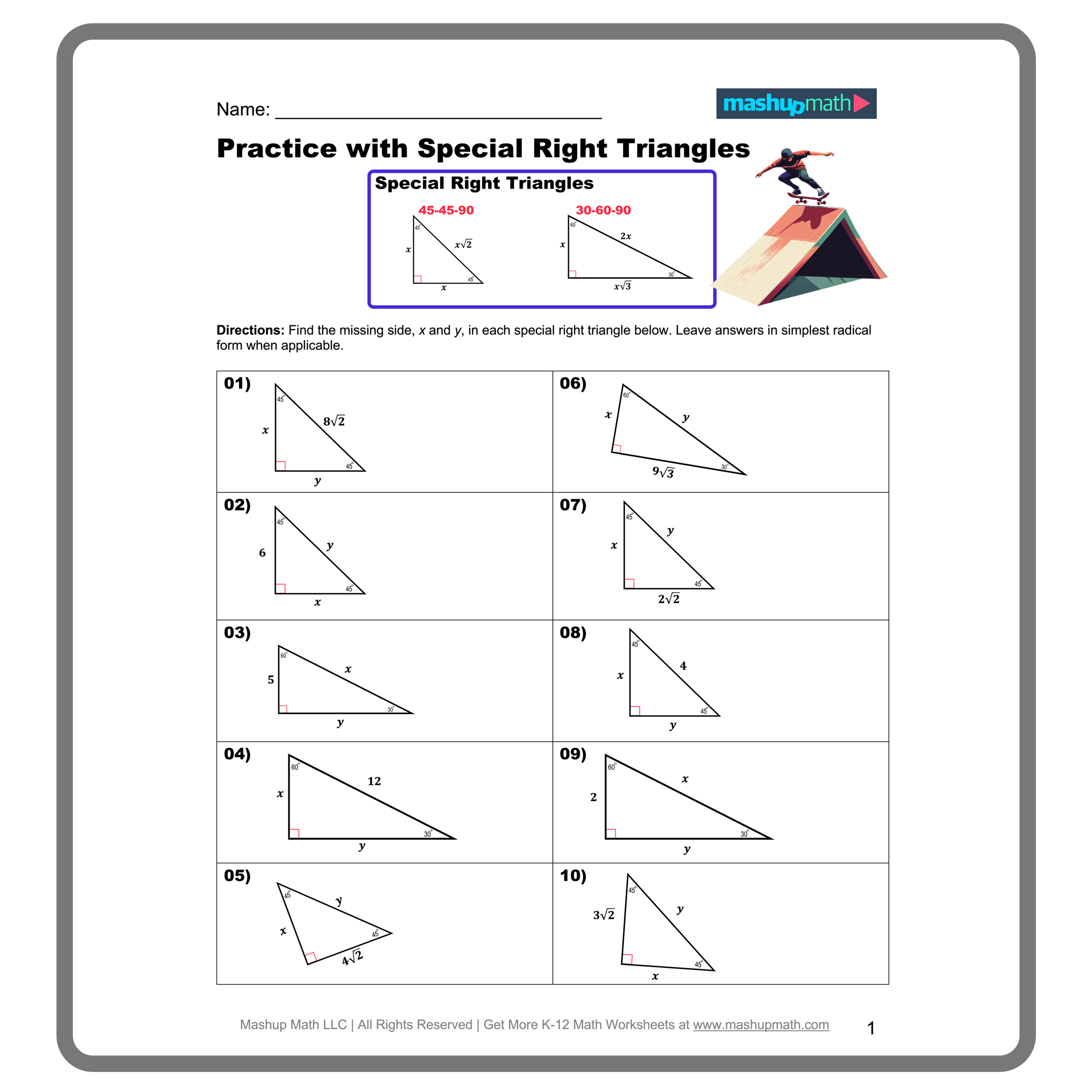 Special Right Triangles Worksheets Printable Mashup Math Special Right Triangles Worksheets Printable Mashup Math