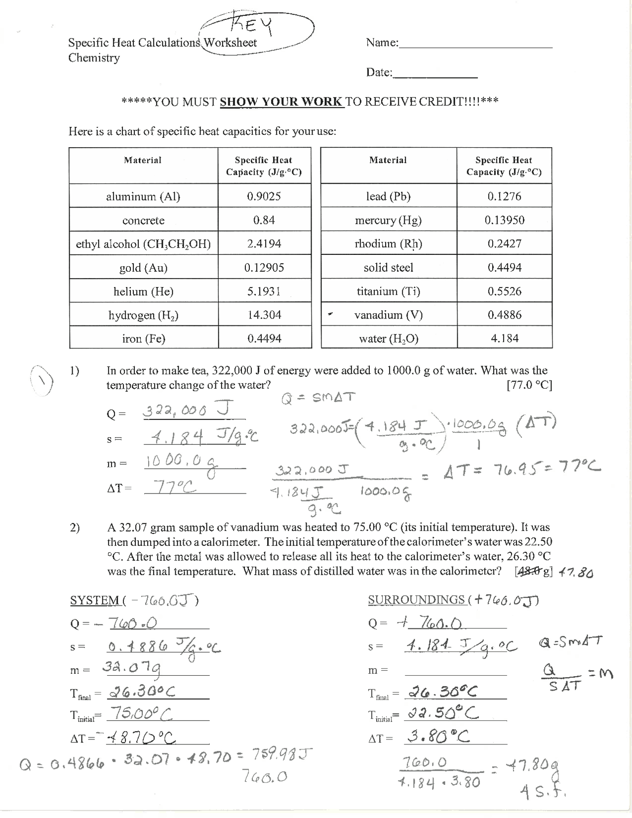 Specific Heat Calculations Worksheet Solution Key Exercises Chemistry Docsity