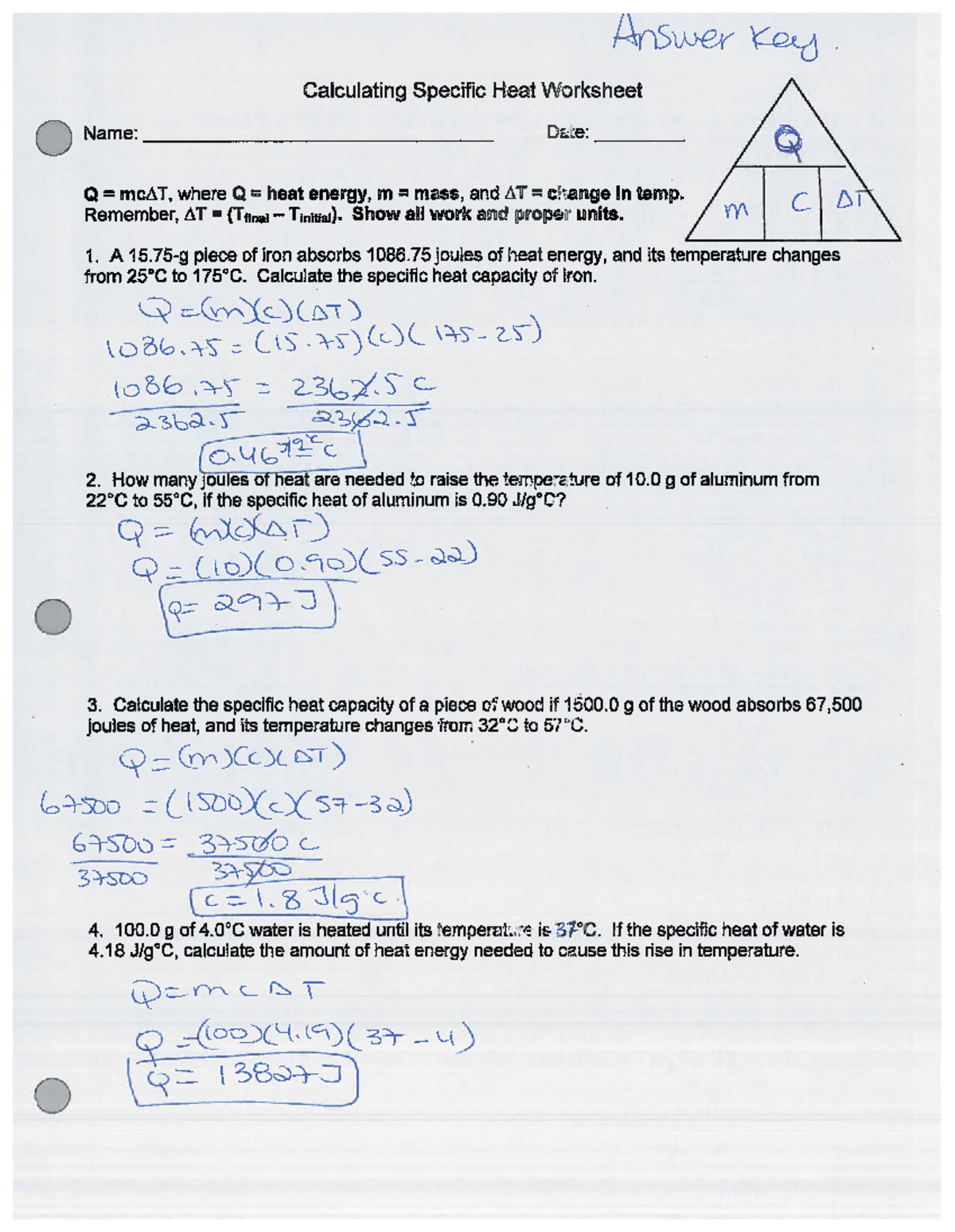 Specific Heat Worksheet Answers Key Calculations And Explanations Studocu