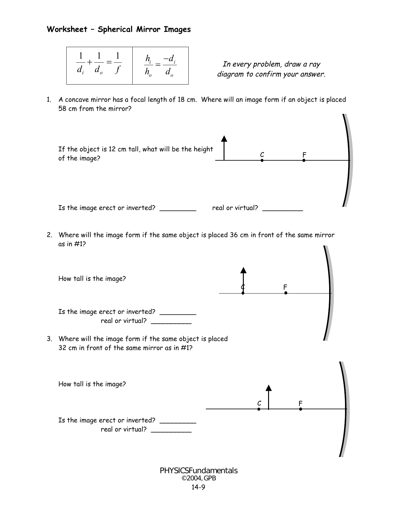 Spherical Mirror Images Worksheet Physics Problems Spherical Mirror Images Worksheet Physics Problems