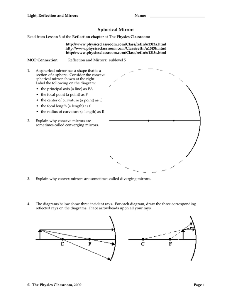 Spherical Mirrors Worksheet Physics Reflection Optics Spherical Mirrors Worksheet Physics Reflection Optics