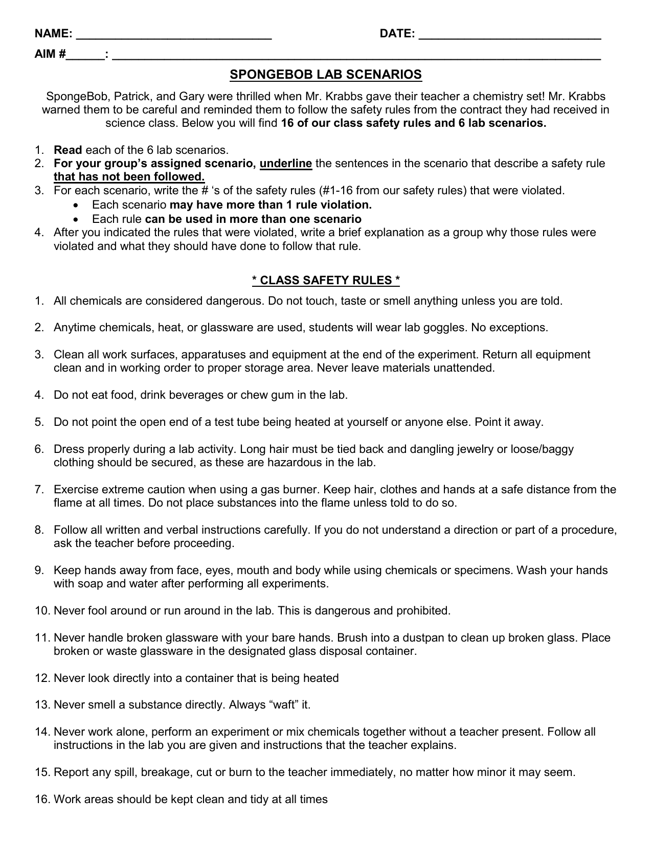 SpongeBob Lab Safety Worksheet Chemistry