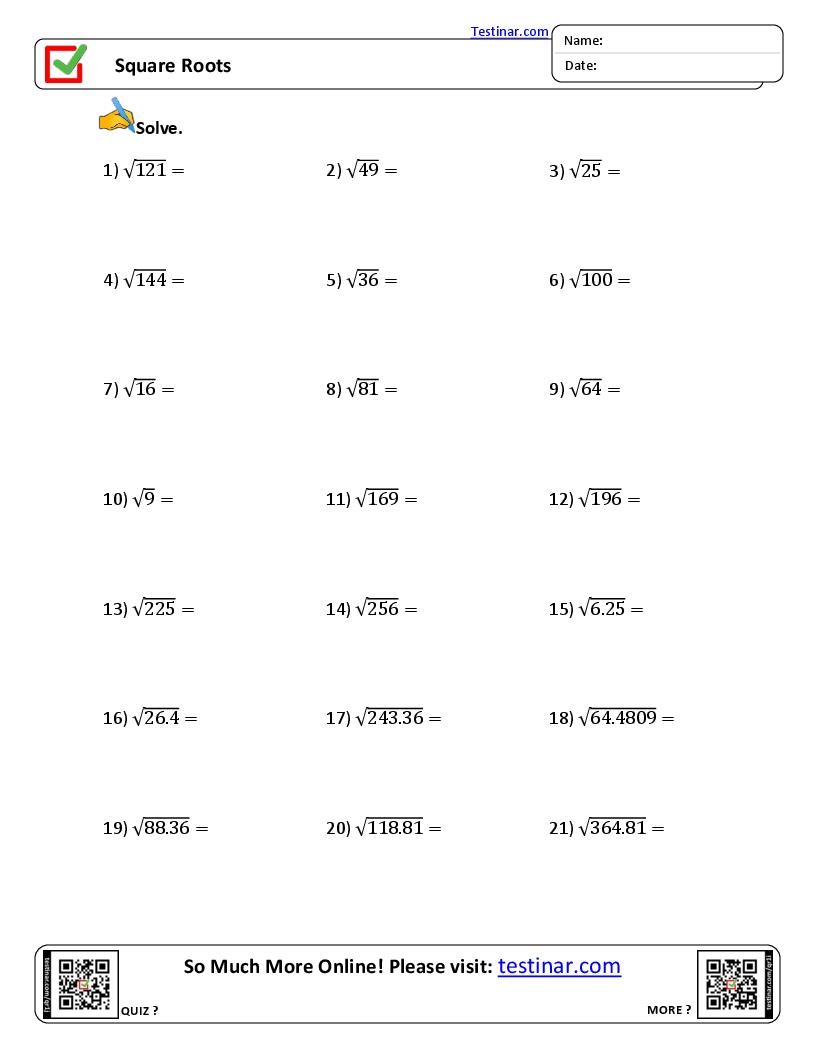 Square Roots Worksheets Square Roots Worksheets