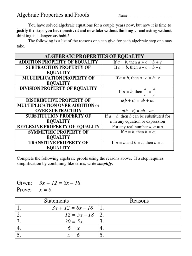 algebraic proofs worksheet with answers pdf