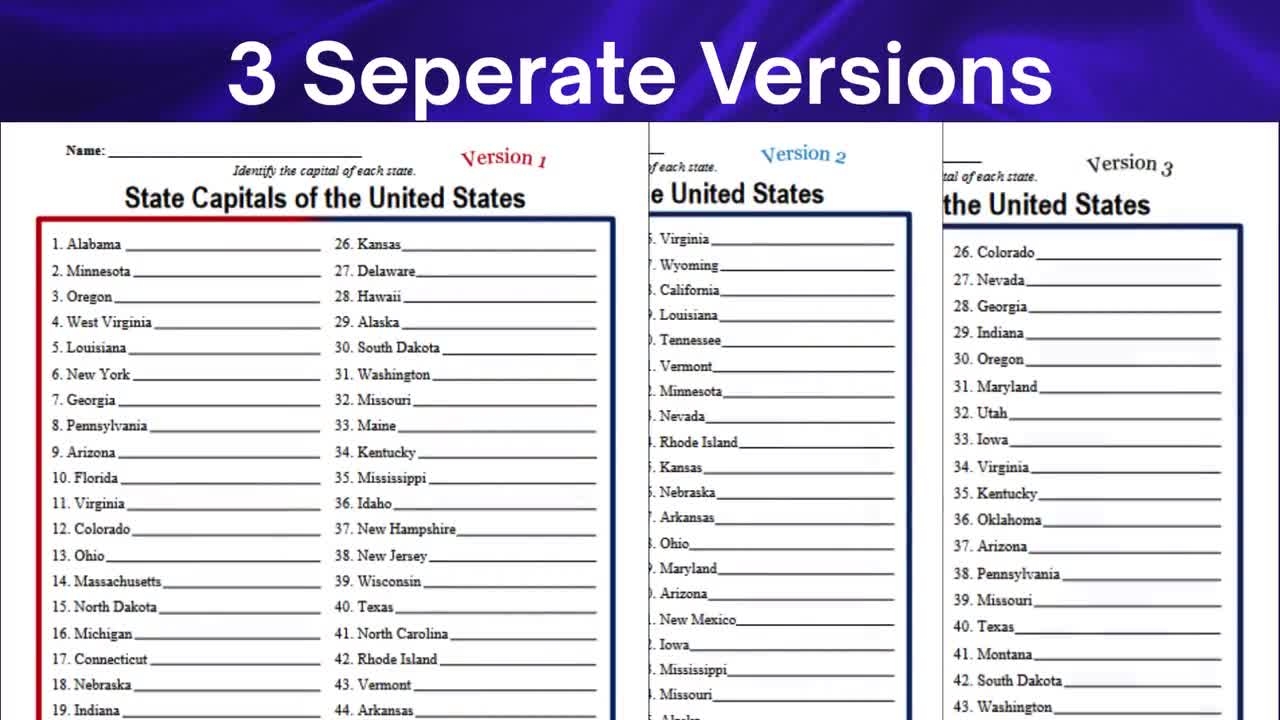 State Capitals Worksheet state Capitals Quiz state Capitals Test state Capitals Practice Test state Capitals Homework states And Capitals Etsy