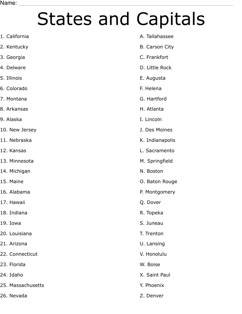 States And Capitals Worksheet WordMint
