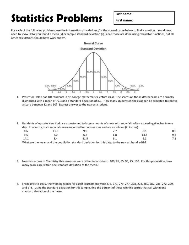 Statistics Problems Worksheet Normal Distribution T Tests