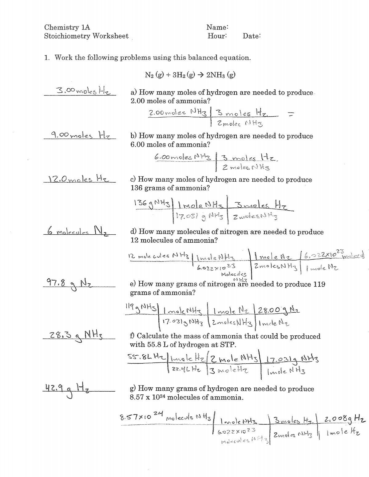 Stoichiometry Worksheet Answers Stoichiometry Worksheet Answers