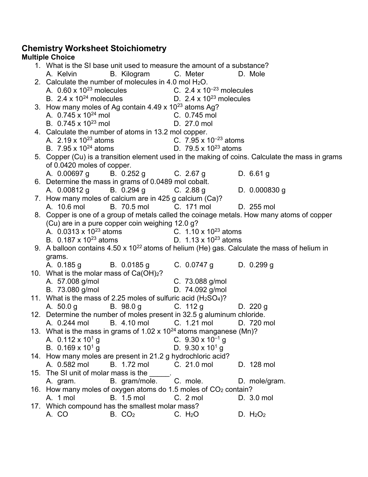 Stoichiometry Worksheet Mole Calculations Molar Mass Stoichiometry Worksheet Mole Calculations Molar Mass