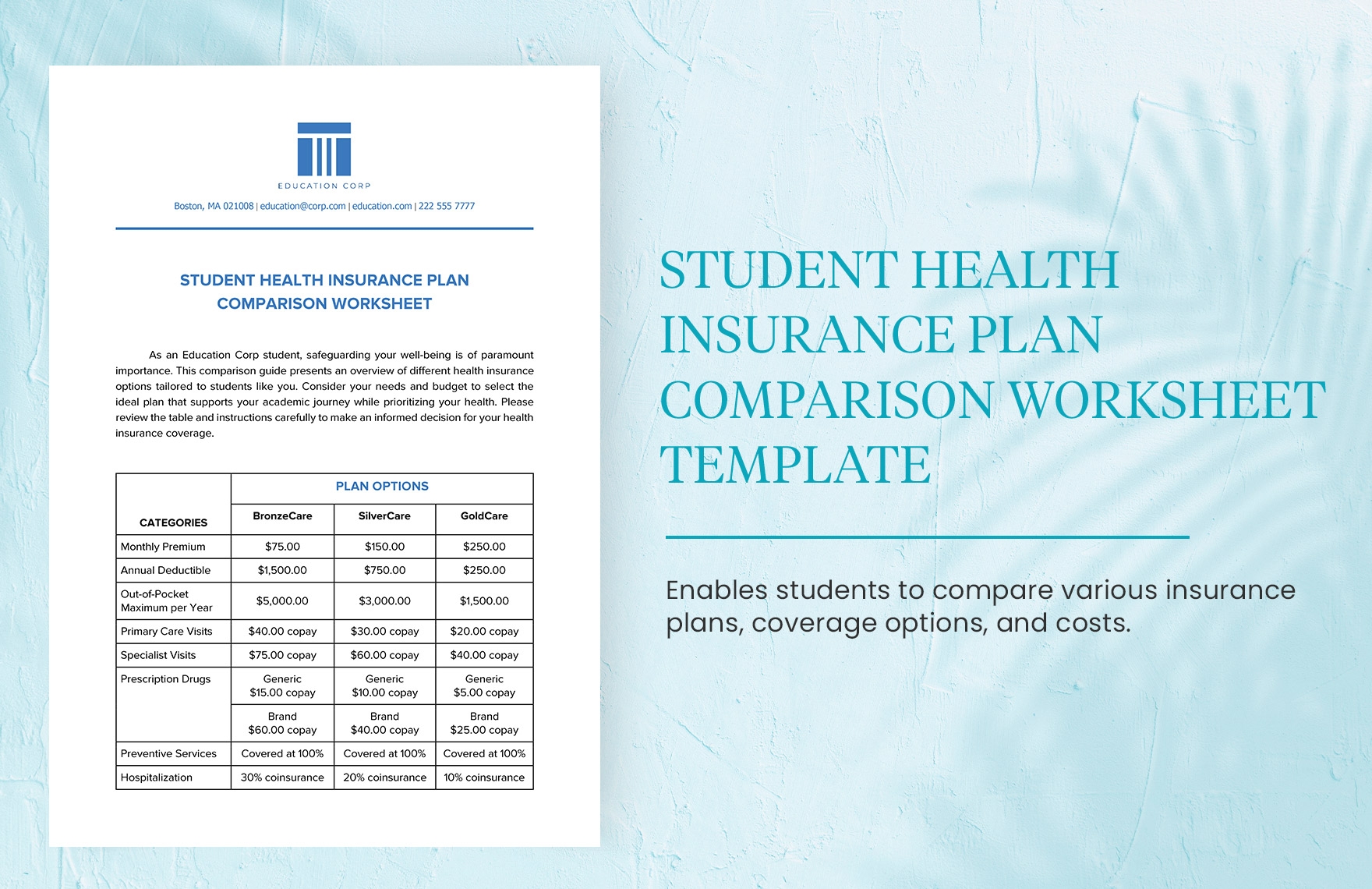 Student Health Insurance Plan Comparison Worksheet Template In Word PDF Google Docs Download Template