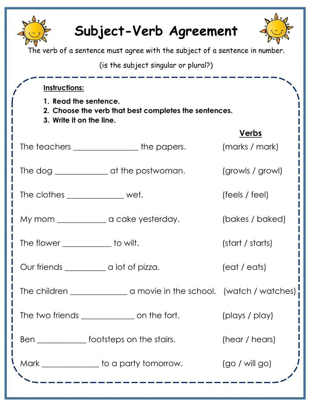Subject Verb Agreement Worksheets Library