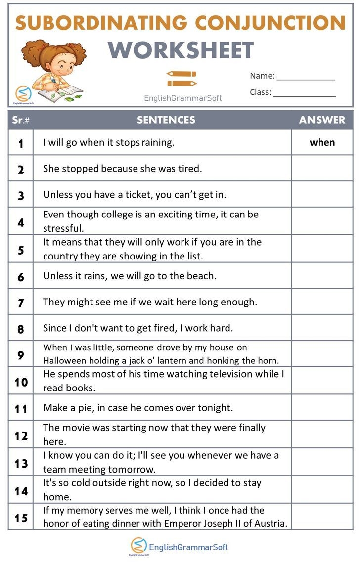 Subordinating Conjunction Worksheet Subordinating Conjunction Worksheet