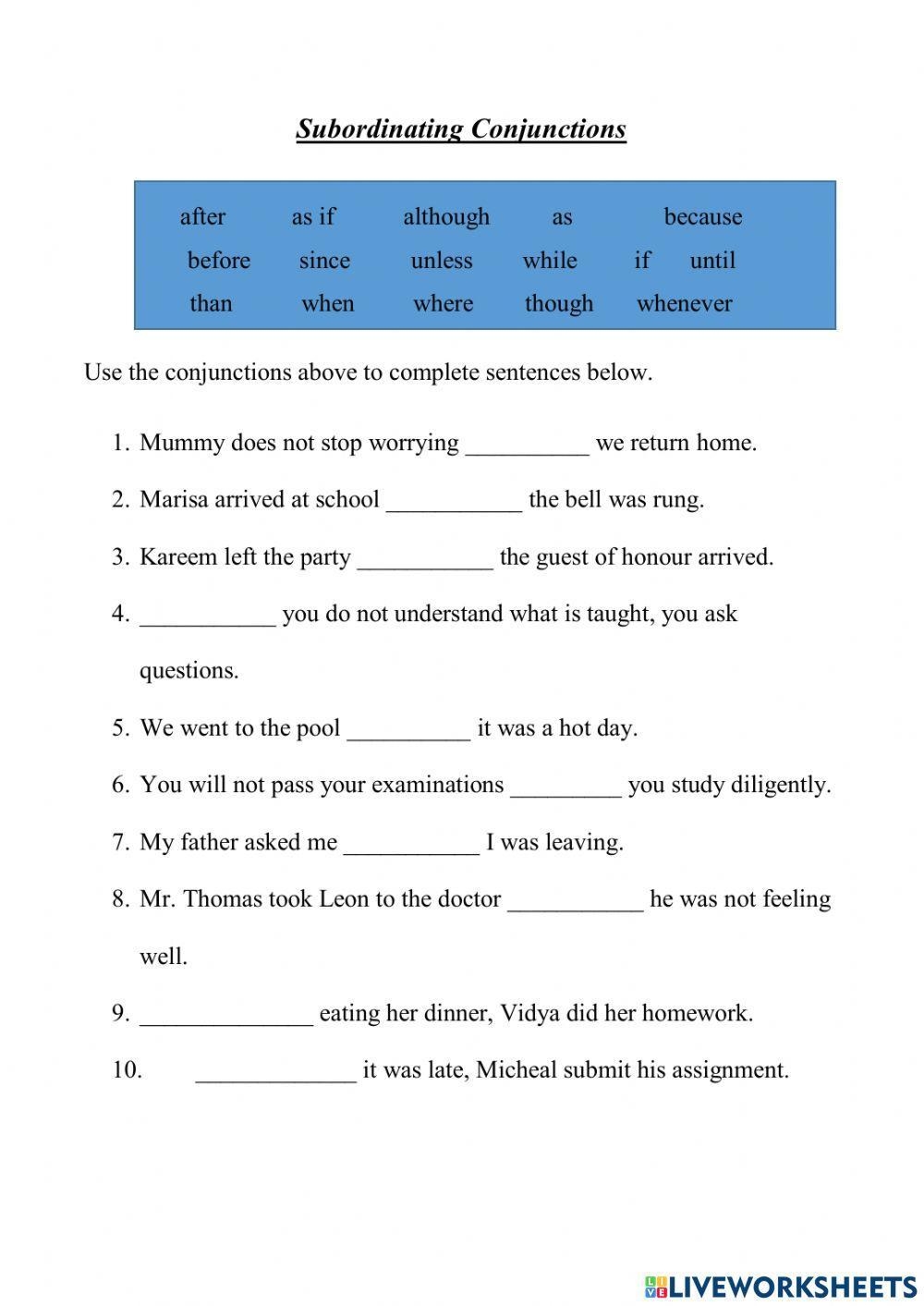 Subordinating Conjunctions Interactive Exercise Worksheets Library Subordinating Conjunctions Interactive Exercise Worksheets Library