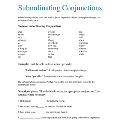 Subordinating Conjunctions Worksheet Fill Out Sign Online DocHub