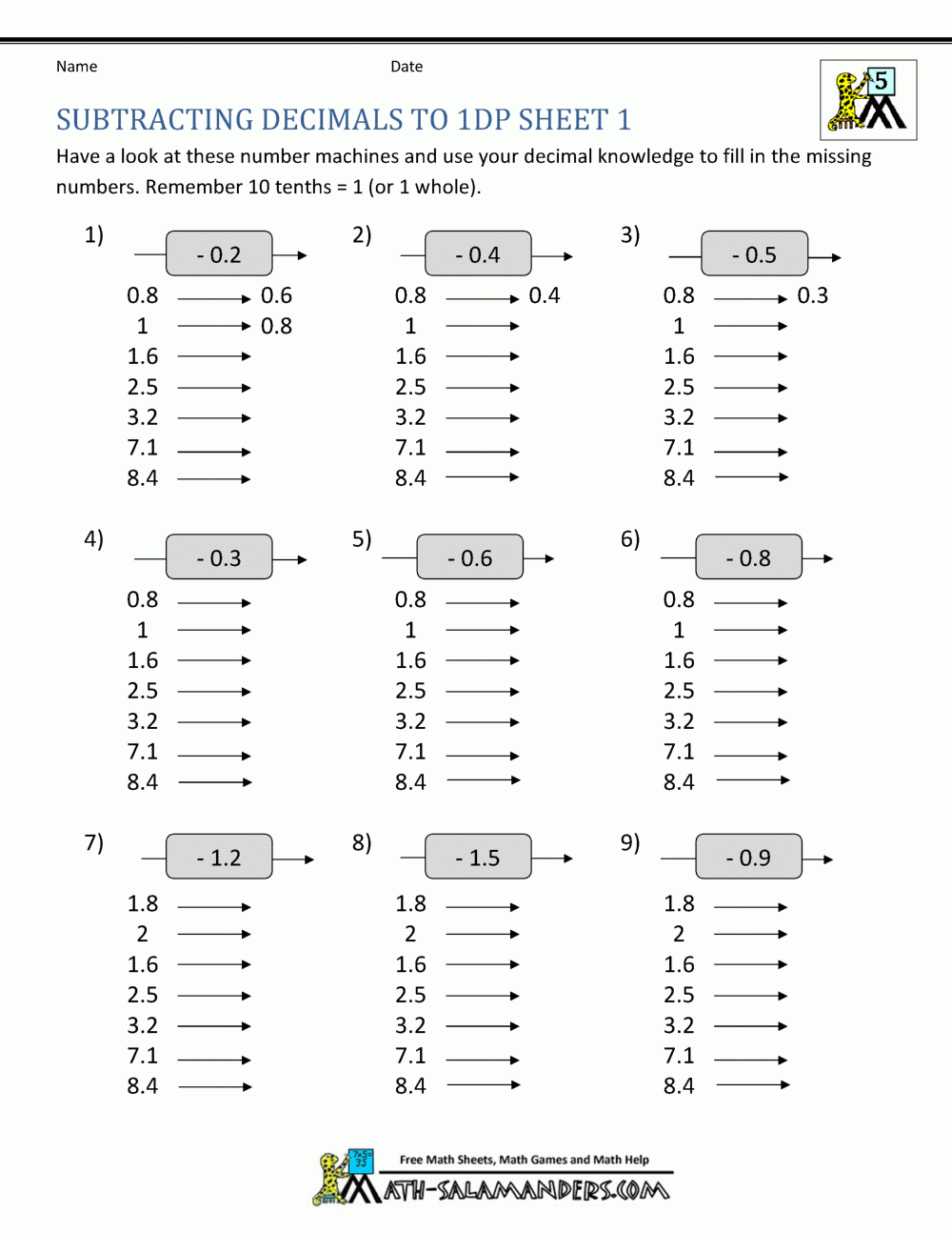 Subtracting Decimals Worksheet