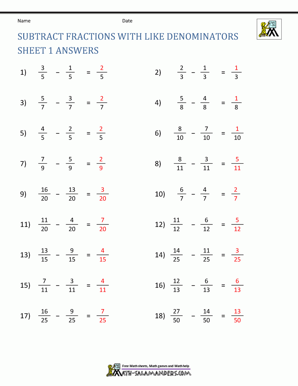 Subtracting Fractions Worksheets