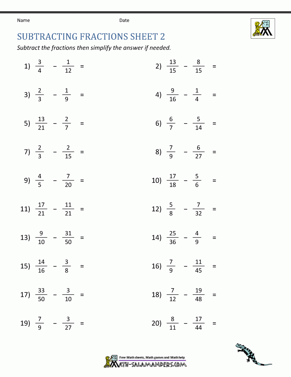 Subtracting Fractions Worksheets
