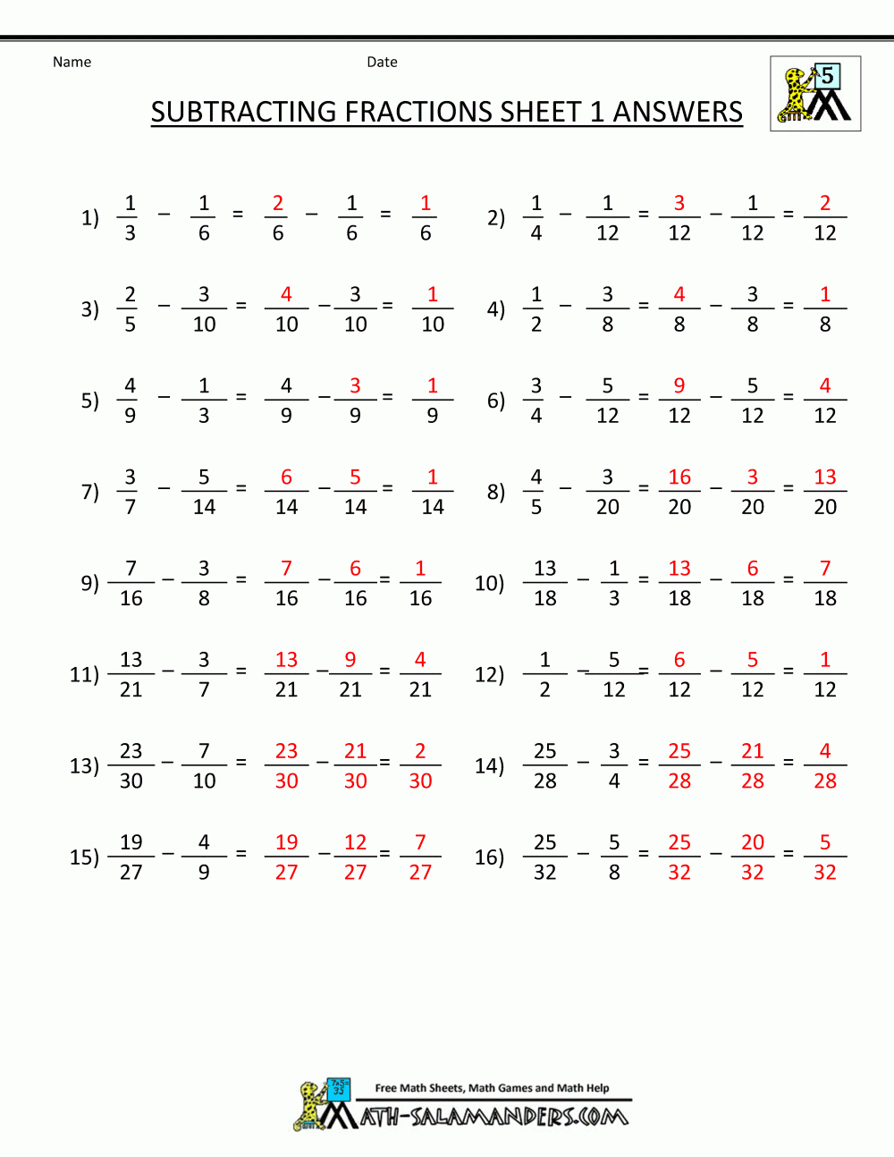 Subtracting Fractions Worksheets With Answers