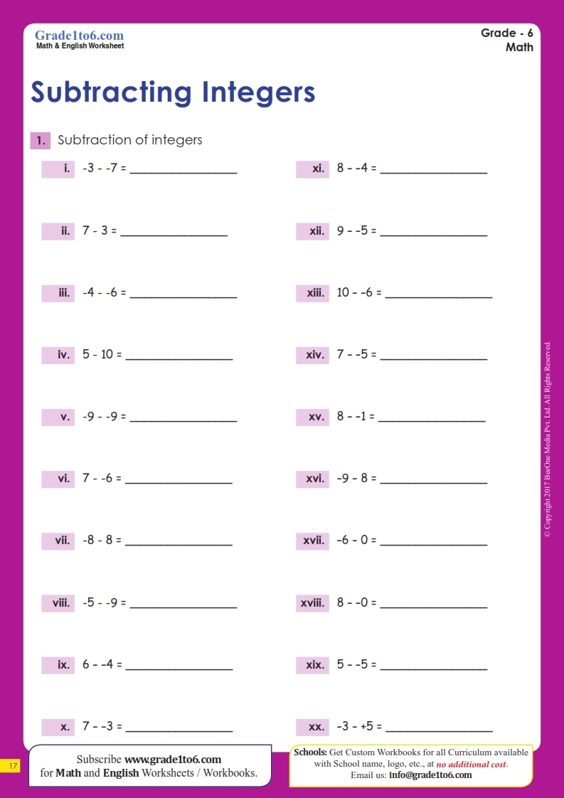 Subtracting Integers 10 To 10 Worksheets Grade 6